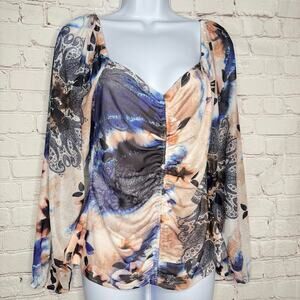 Boston Proper Wms S Floral Paisley Print Shirred Mesh Top Lined Boho Peasant